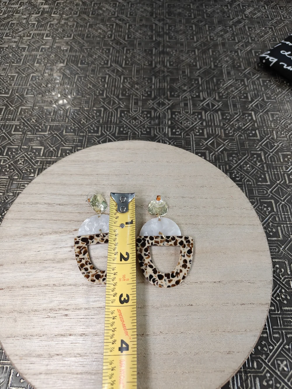Leopard Pattern Resin Drop Earrings with Pearl Accent - Brown/White